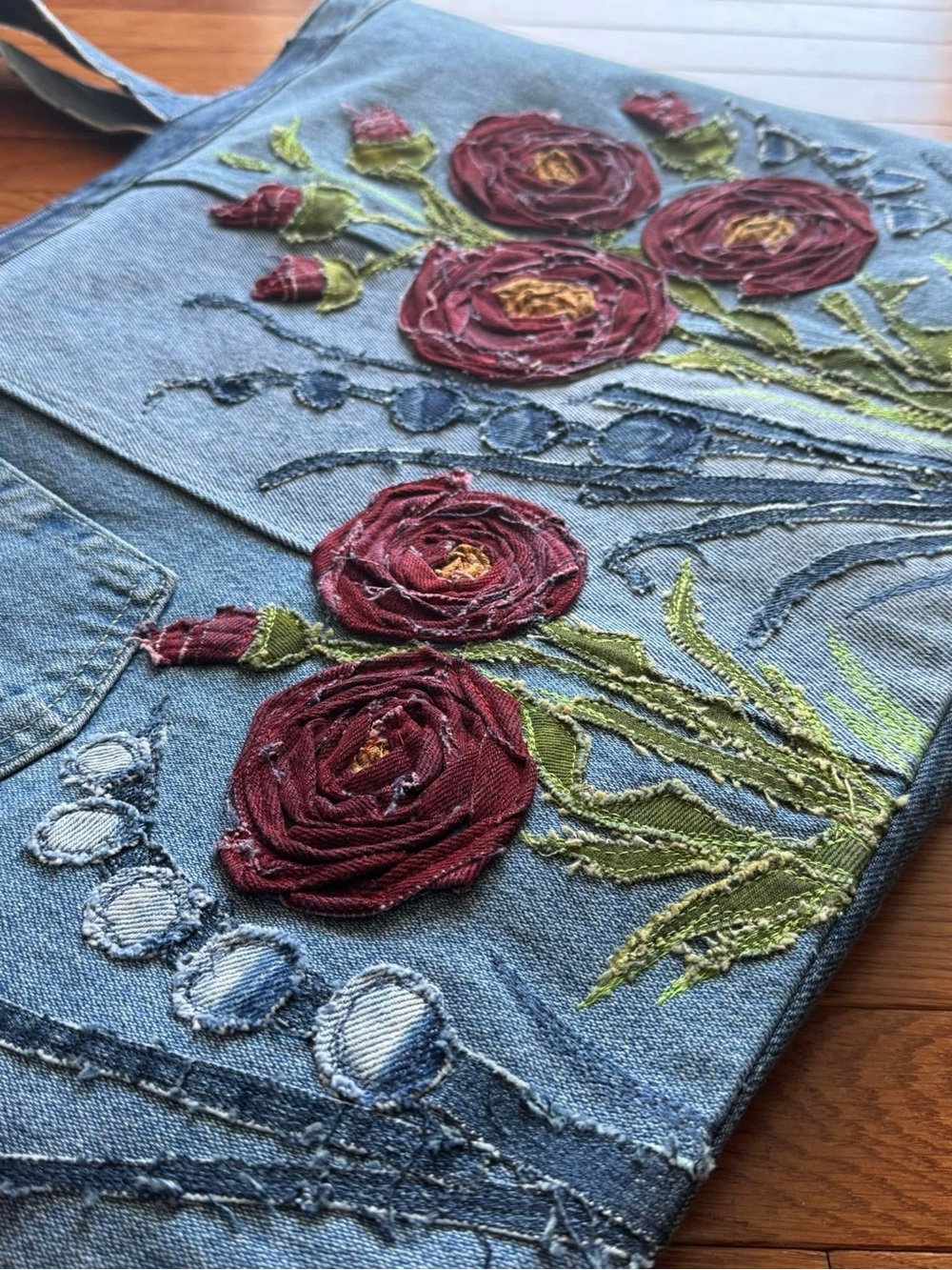 Handcrafted “Rose Garden” Denim Oversized Tote - Picture 4 of 16